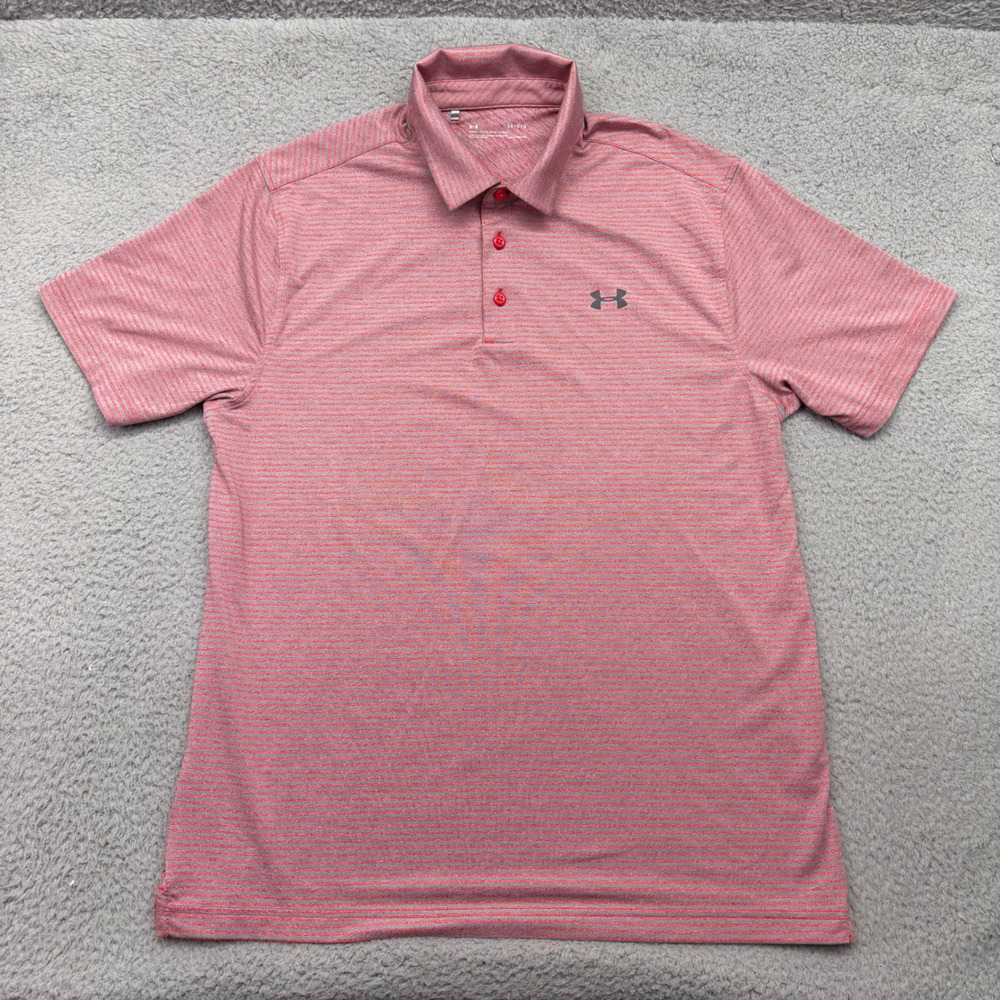 Under Armour Mens Large Loose Fit Heatgear Polo Shirt Red Gray Stripe Golf Shirt